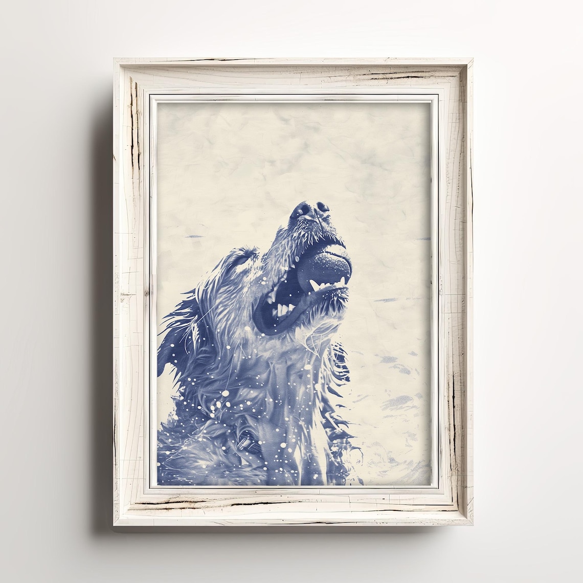 Golden Retriever Catching Tennis Ball Blue Watercolor Dog Art Poster