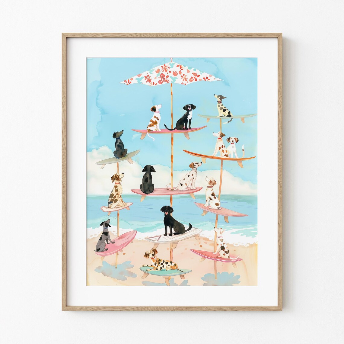 Cute Dogs on Surfboards Beach Watercolor Puppy Summer Art Poster