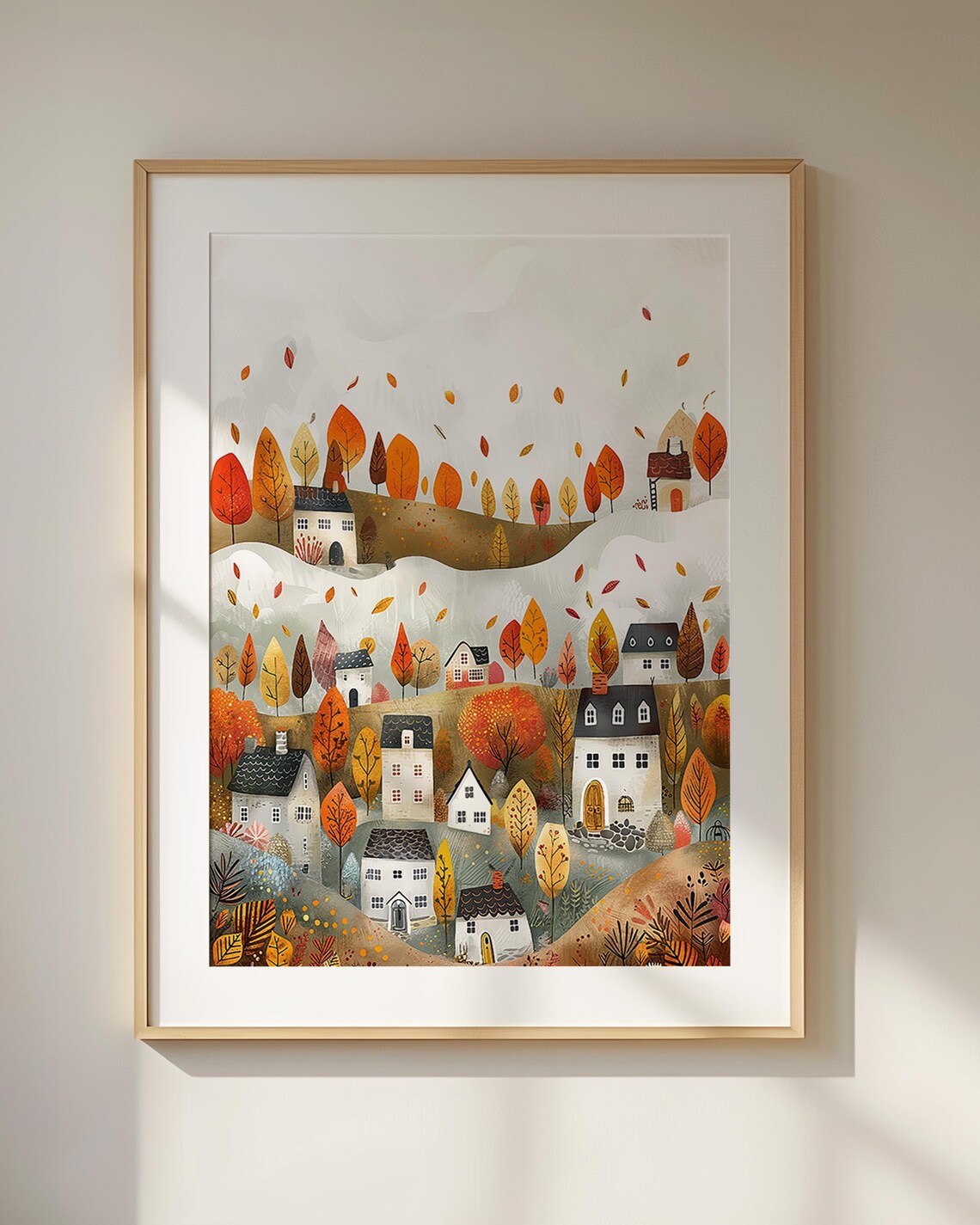 Whimsical Autumn Village Art Print, Rustic Decor