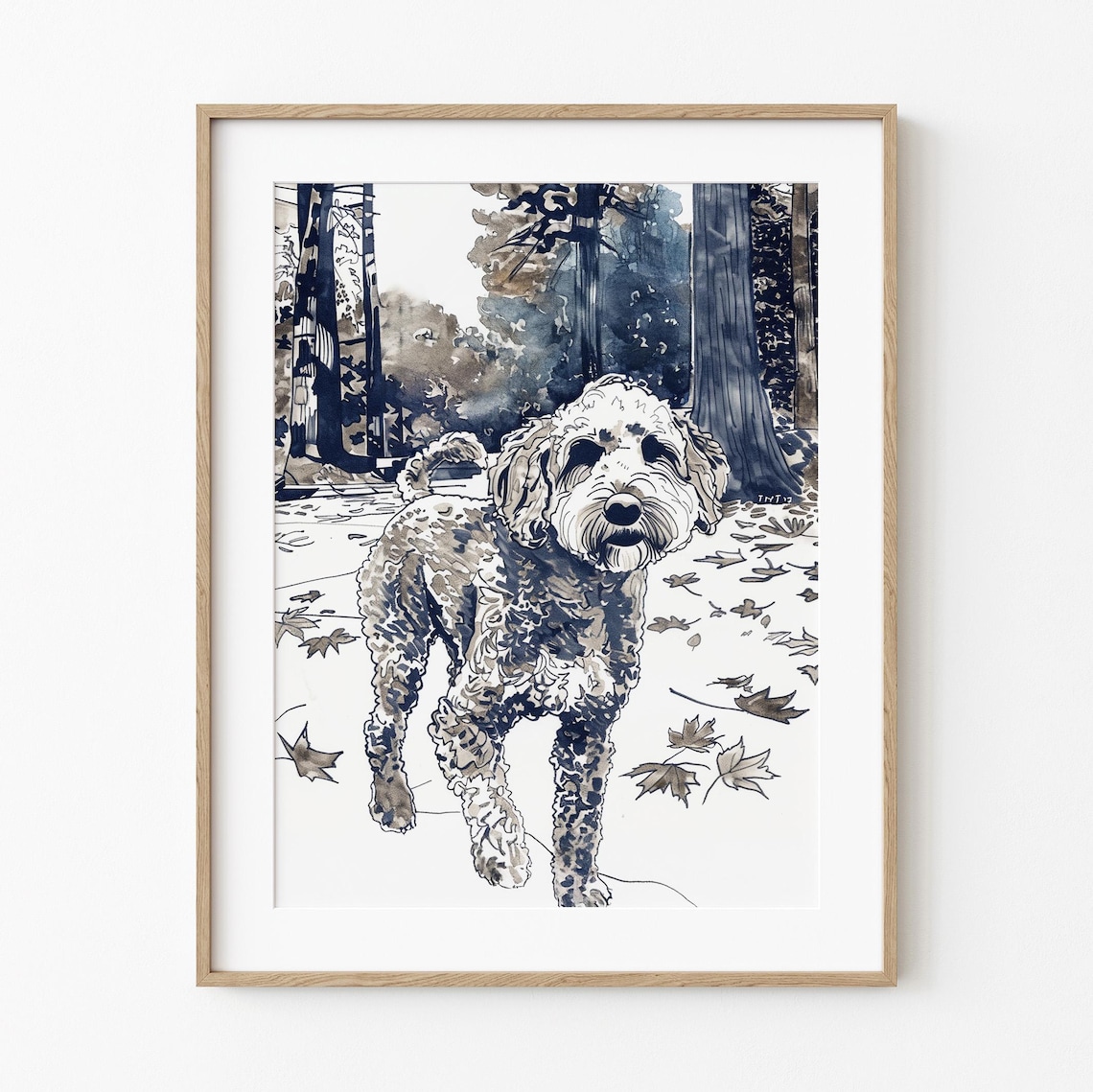 Golden Doodle Autumn Walk, Dog Sketch Art Print