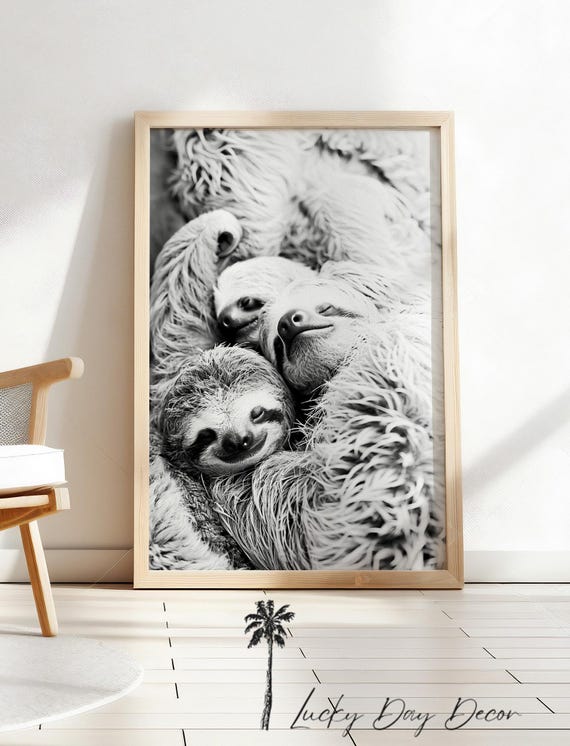 Lazy Sloths Afternoon Napping Funny Poolside Animals Cozy Sloth Lover Print Home Condo Monochrome