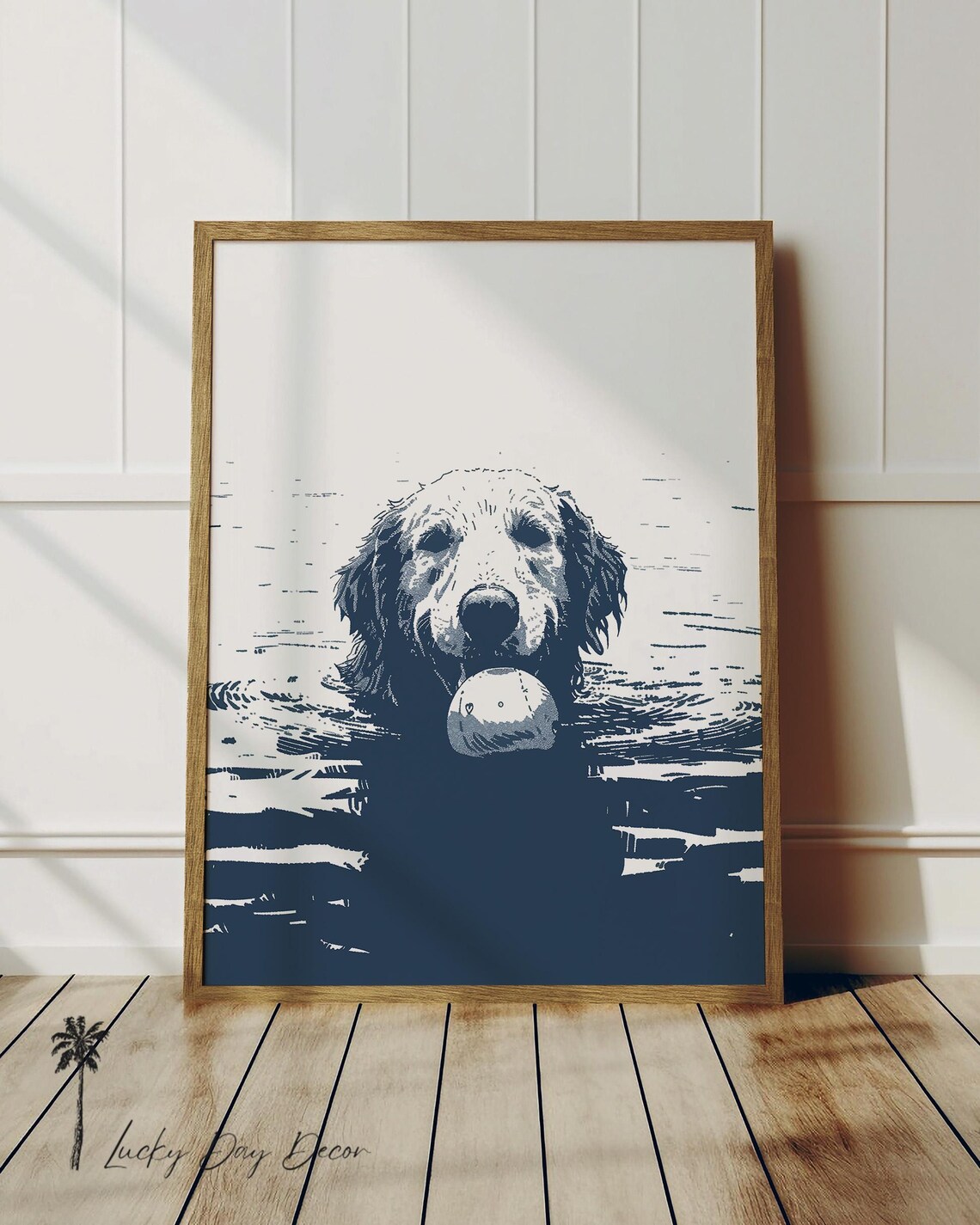 Lake Golden Retriever Dog Art Print, Beach Cottage