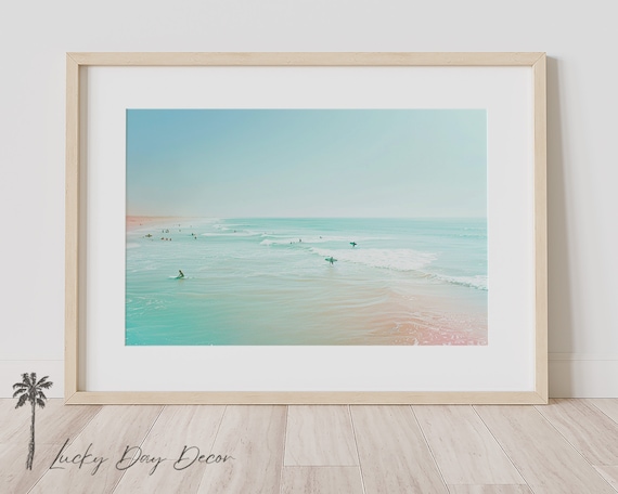 Surfers In Turquoise Water Aerial Beach View Pastel Coastal Scene Poster