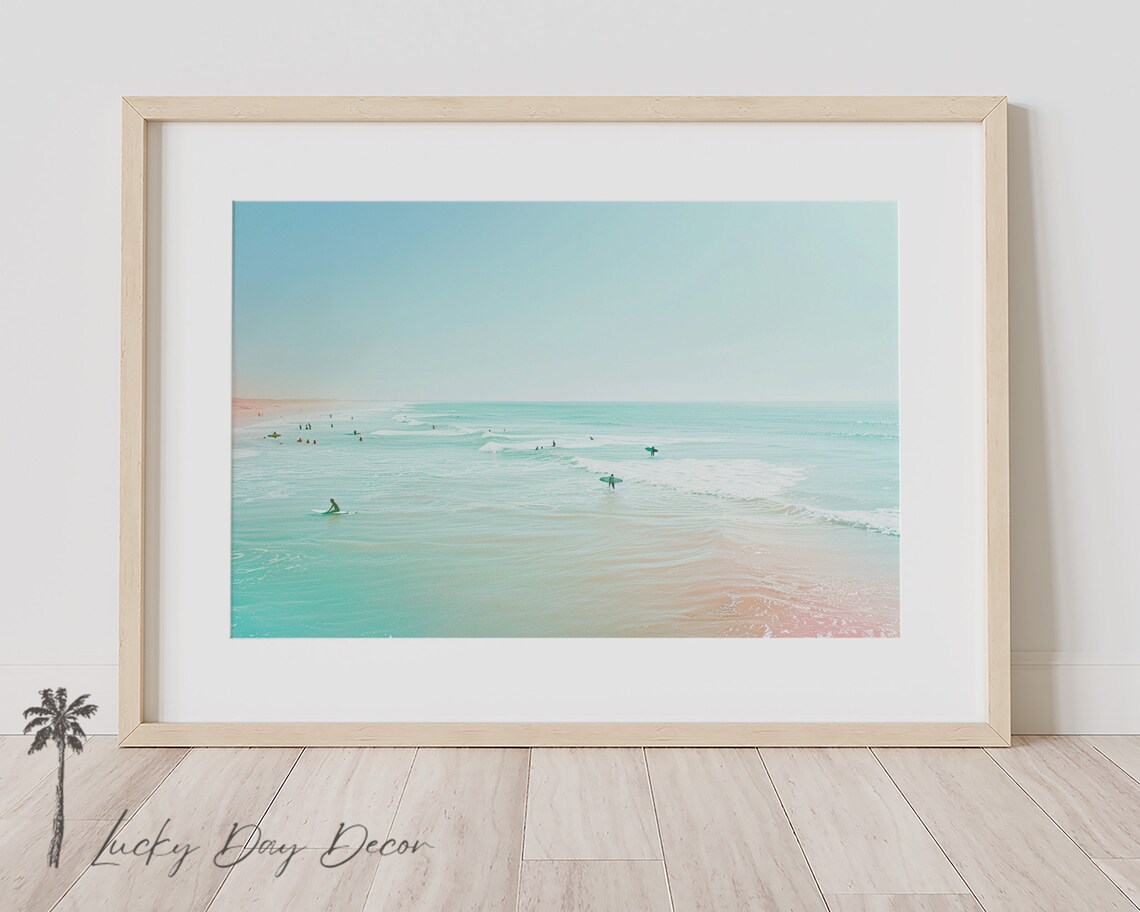 Surfers In Turquoise Water Aerial Beach View Pastel Coastal Scene Poster