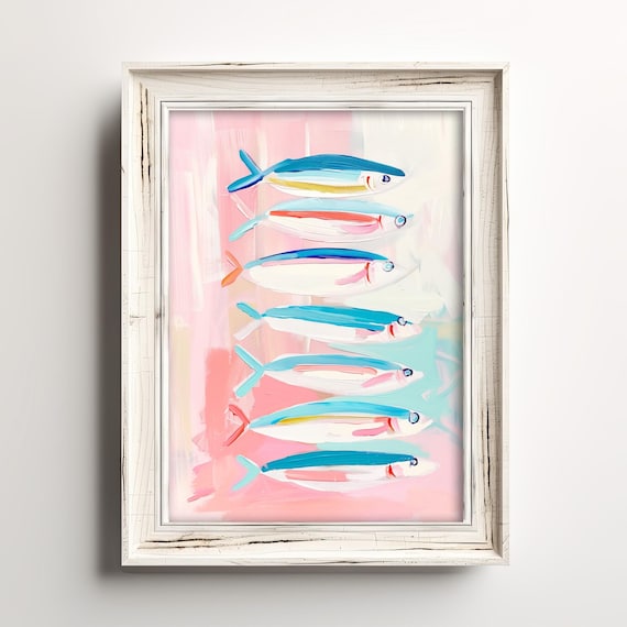 Stacked Colorful Fish Pastel Pink Watercolor Coastal Nautical Painting Poster