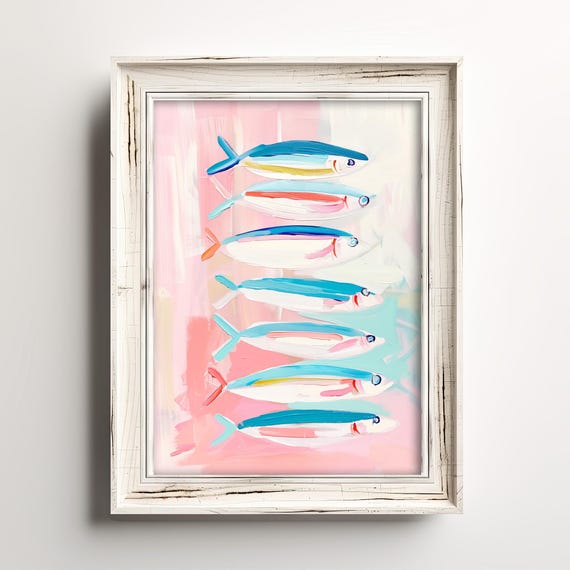 Stacked Sardines Painting Coastal Nautical Fish Art Colorful Pink Pastel Watercolor Seaside Ocean Cottage Decor Summer Beach Home