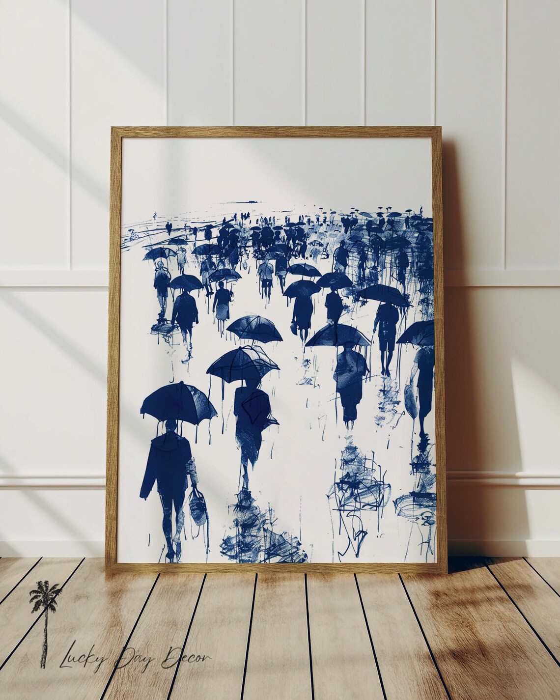 City Crowd with Umbrellas Rainy Street Navy Ink Sketch Poster