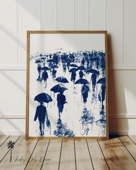 Rainy Beach Day People Walking Shore Wall Decor Abstract Coastal Art Blue Trendy Ocean Sketch Print House Condo