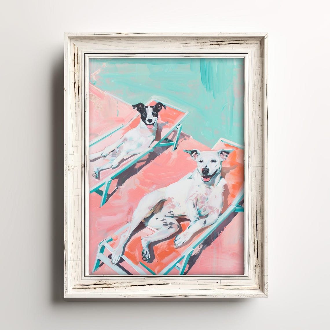 Two Happy Dogs Lounging Poolside Loungers Retro Pink Pastel Dog Poster