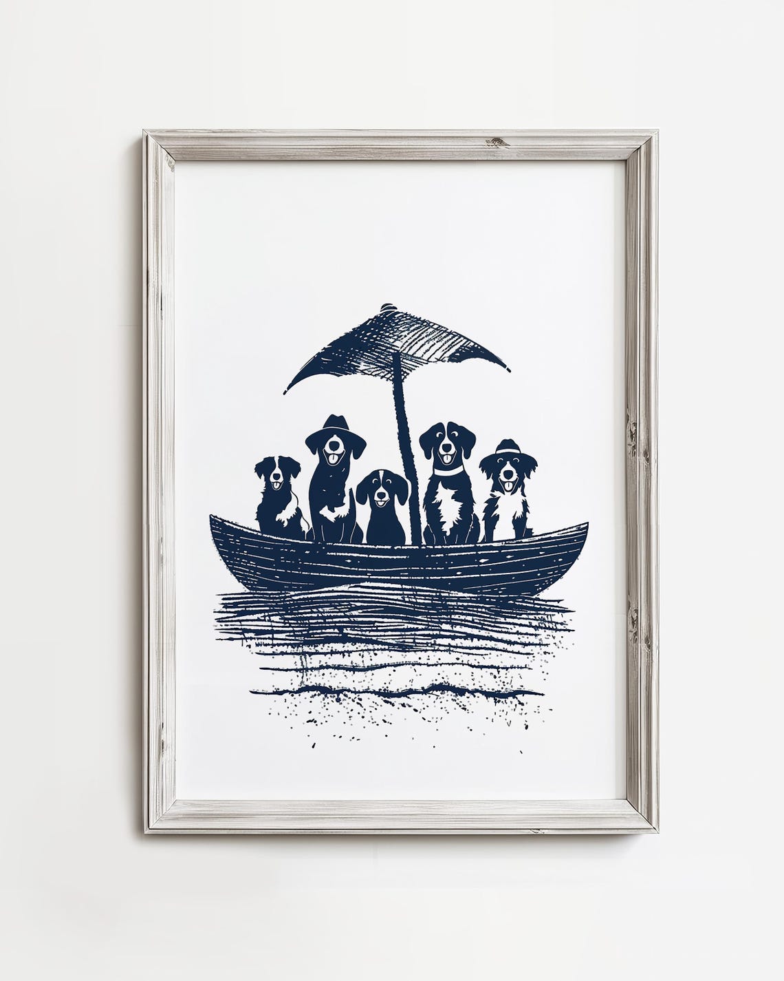 Five Dogs In Canoe Under Umbrella Funny Navy Sketch Art Poster