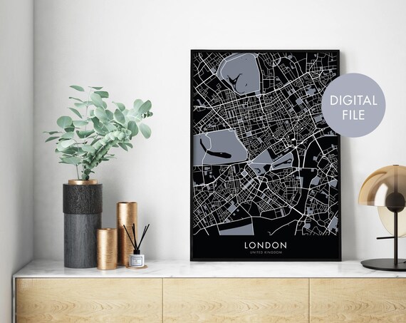 London United Kingdom Black Modern City Street Map Wall Print