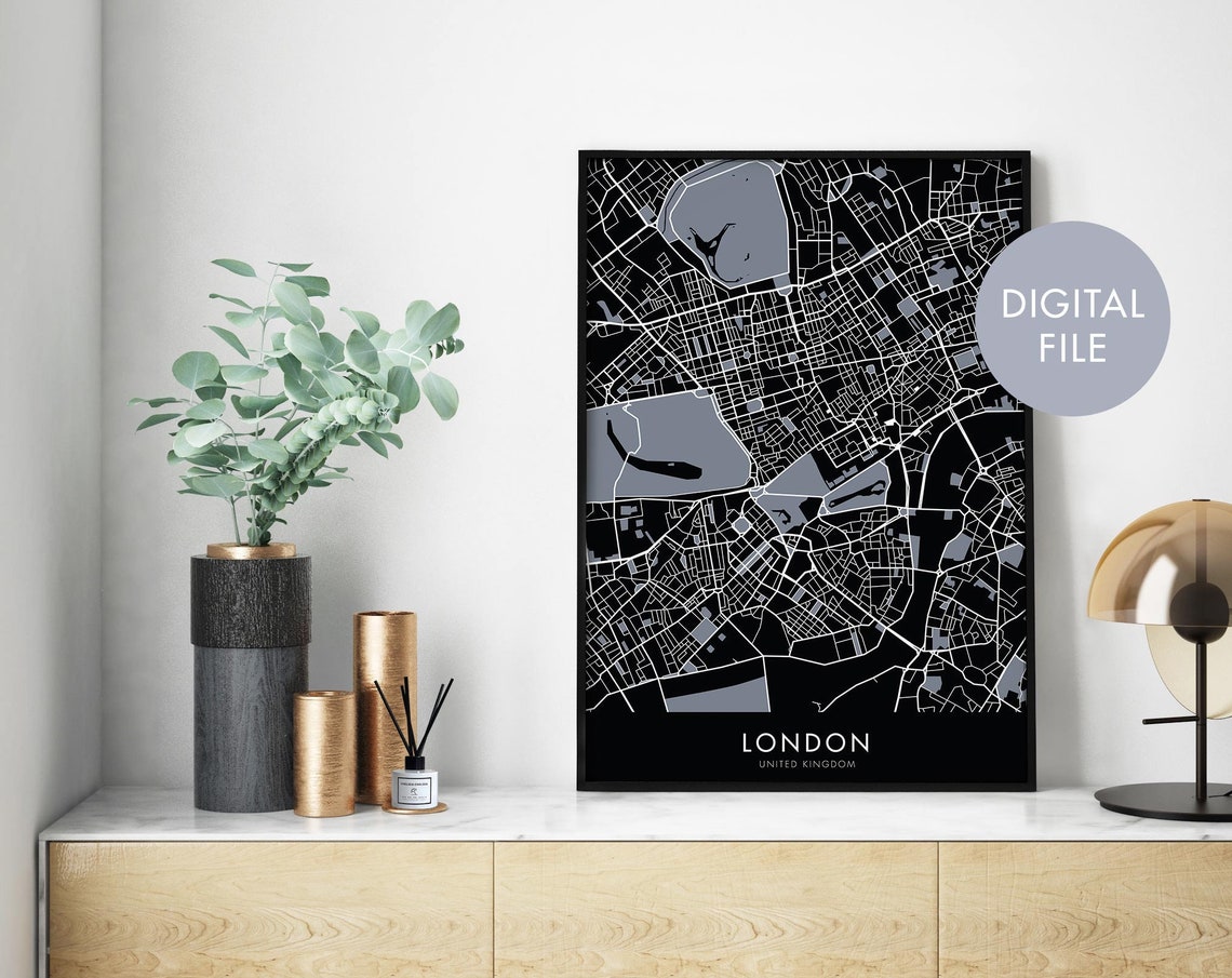 London United Kingdom Black Modern City Street Map Wall Print