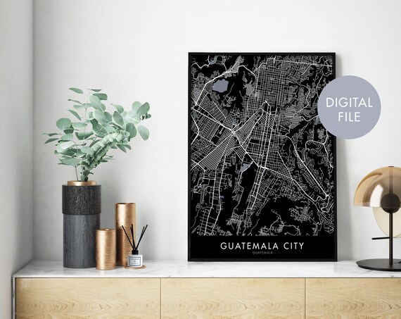 Guatemala City Black Minimalist Night Street Map Modern Wall Art