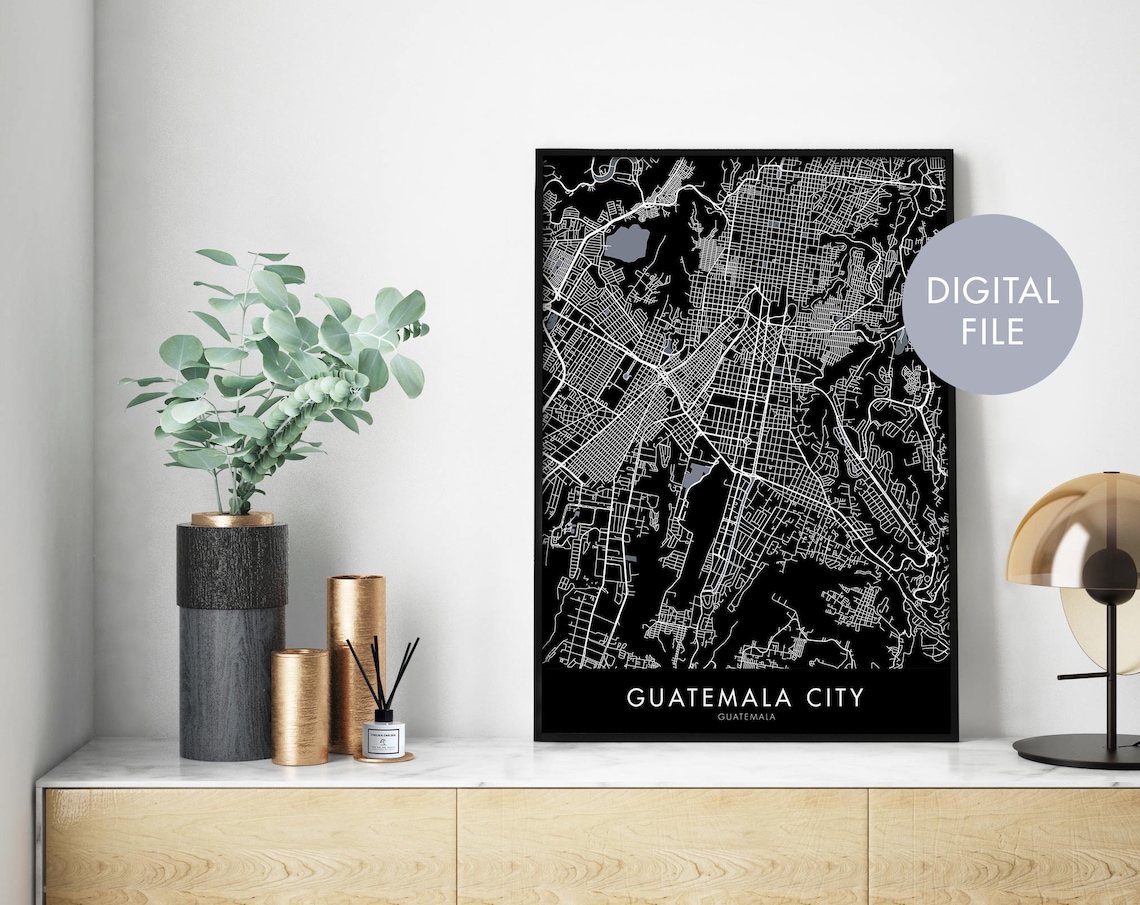 Guatemala City Black Minimalist Night Street Map Modern Wall Art