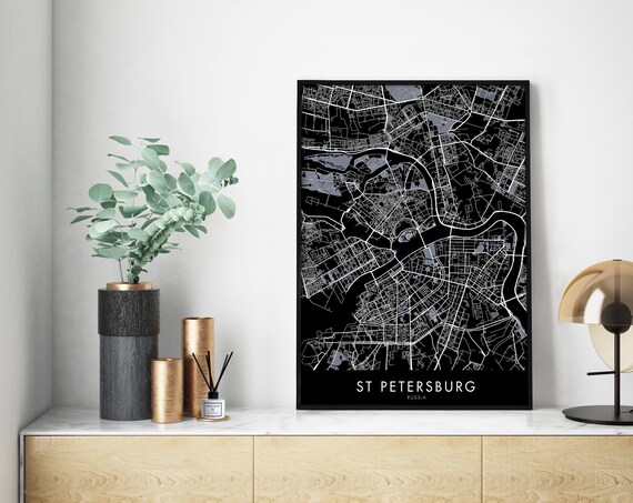 St Petersburg Russia Dark Mode City Map Night Decor Art Wall Poster