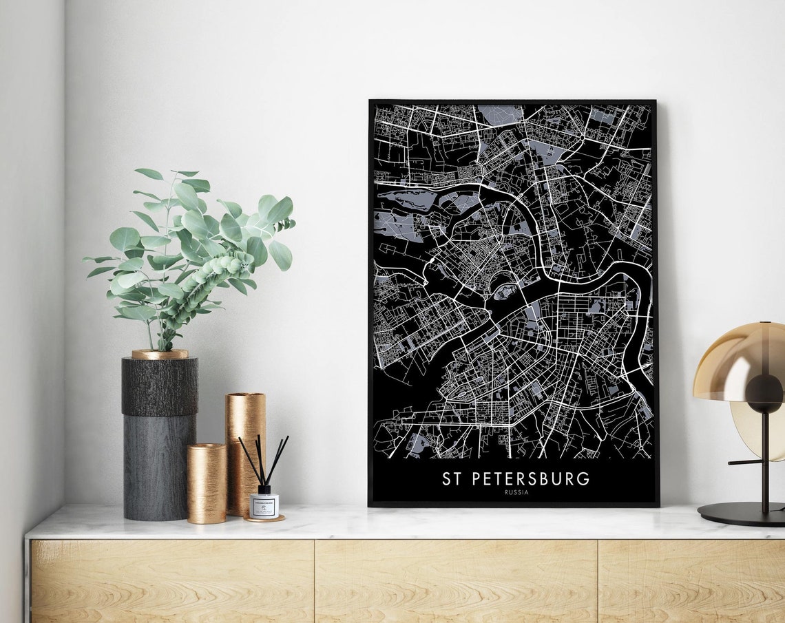 St Petersburg Russia Dark Mode City Map Night Decor Art Wall Poster
