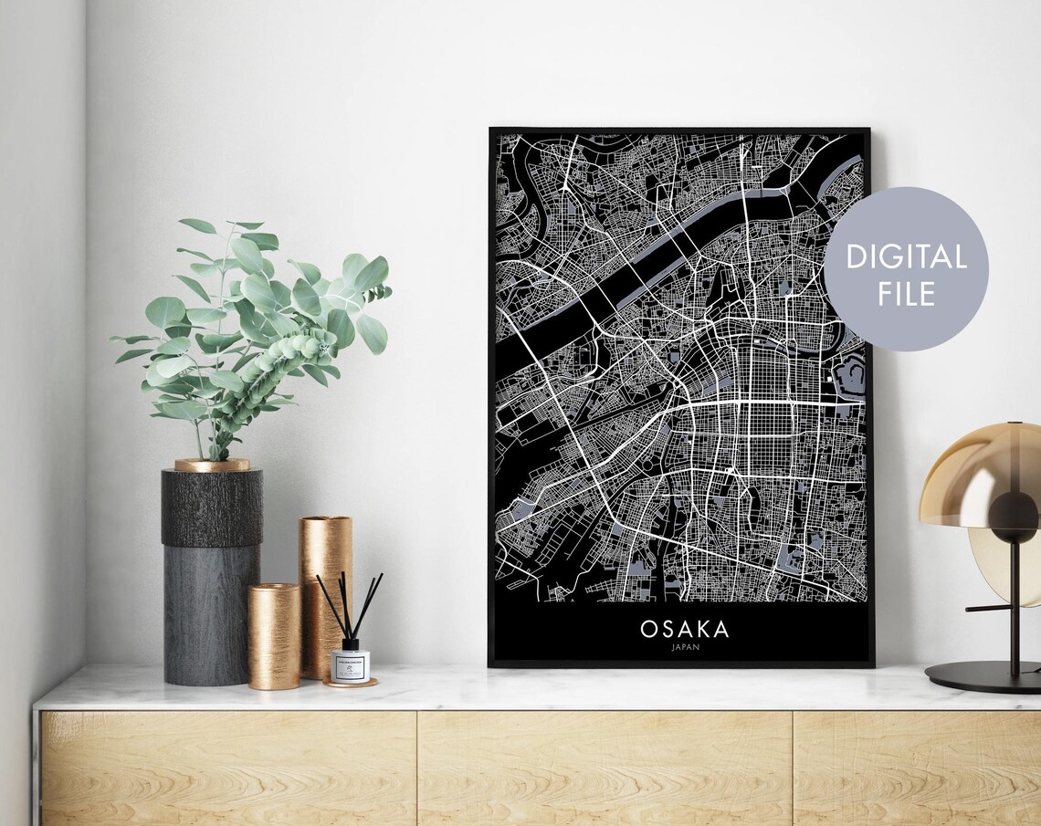 Osaka Japan Black Minimalist City Street Map Digital File Poster