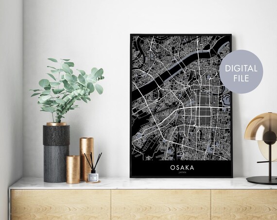 Osaka Japan Black Minimalist City Street Map Digital File Poster