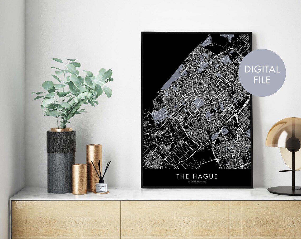 The Hague Netherlands Dark City Street Map Black White Poster