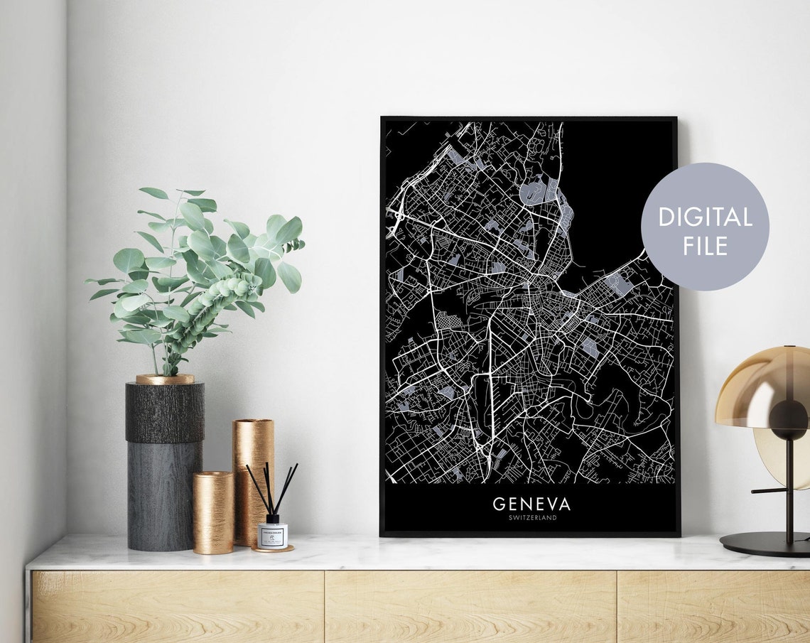 Geneva Switzerland Black Modern City Street Map Style Poster
