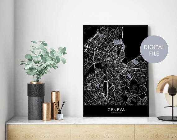 Geneva Switzerland Black Modern City Street Map Style Poster
