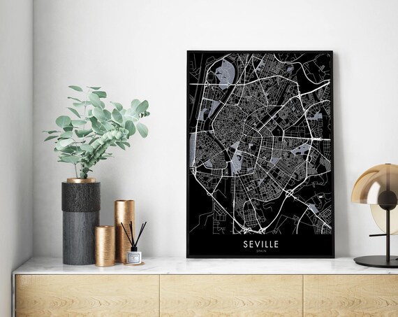 Seville Spain Black Minimal Street Map Urban Travel Art Poster