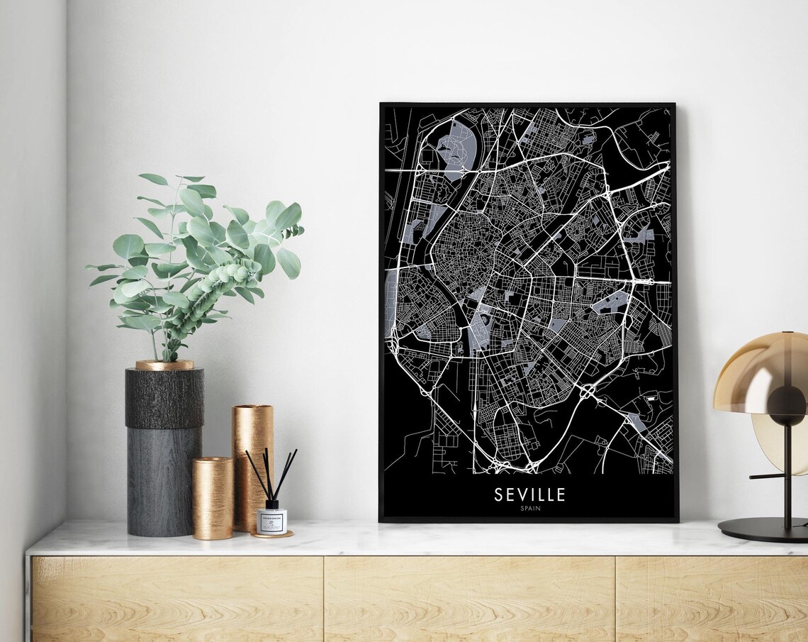 Seville Spain Black Minimal Street Map Urban Travel Art Poster