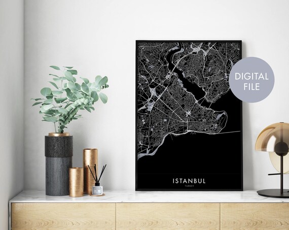 Istanbul Turkey City Map Black Background Modern Street Map Poster