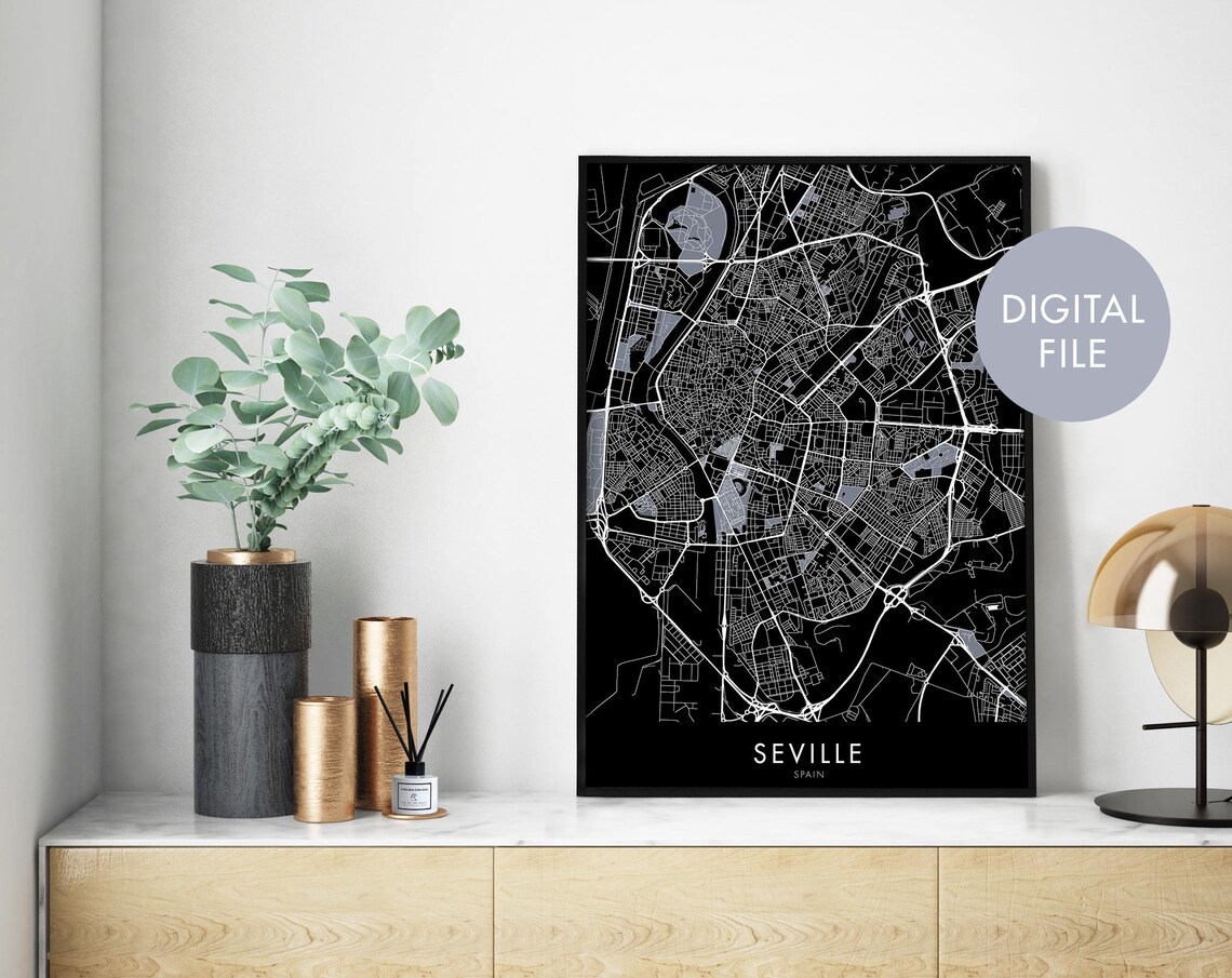 Seville Spain Black Modern City Street Map Graphic Style Poster