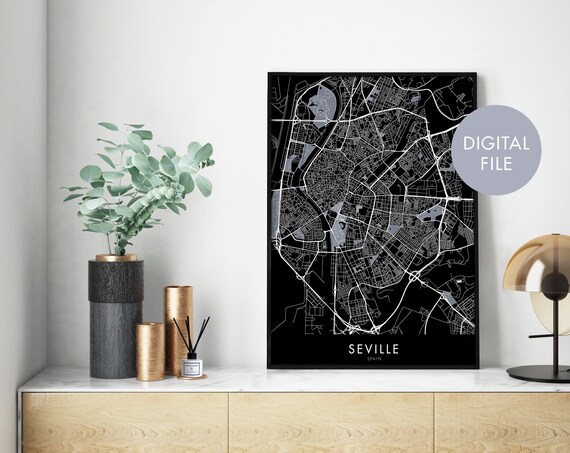 Seville Spain Black Modern City Street Map Graphic Style Poster