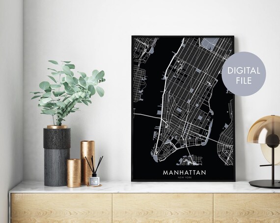 Manhattan New York City Street Map Black Modern Minimalist Poster
