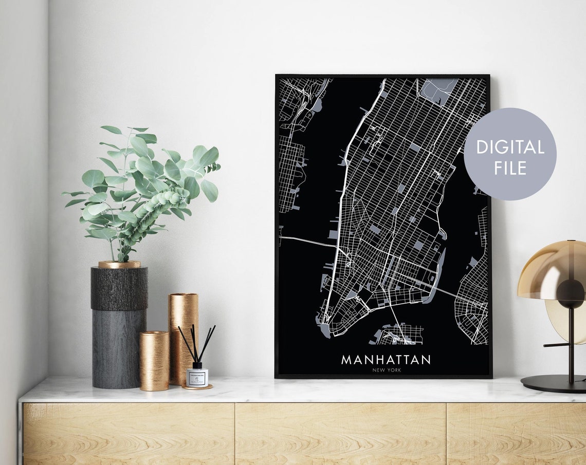 Manhattan New York City Street Map Black Modern Minimalist Poster