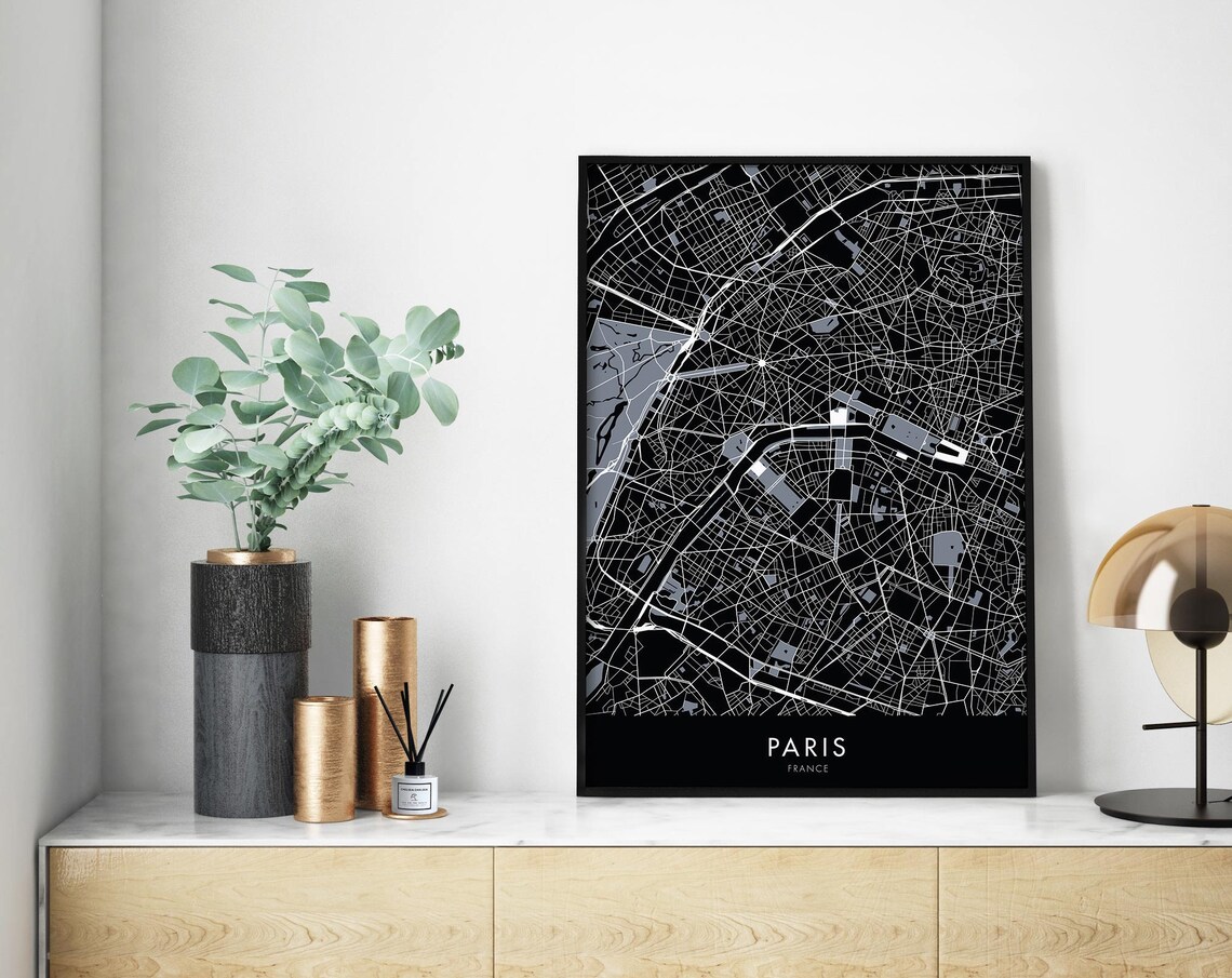 Paris France Minimalist Black and White City Street Map Poster