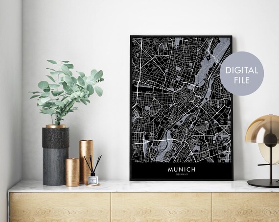 Munich Germany Black Modern City Street Map Graphic Style Poster