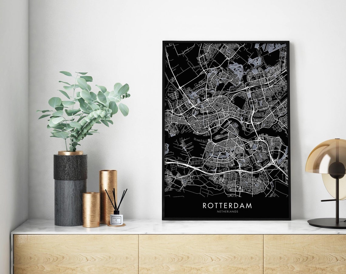 Rotterdam Netherlands Night Edition City Map Black Poster Art