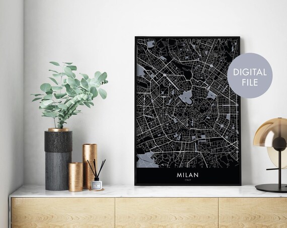 Milan Italy Black Modern City Street Map Graphic Style Poster