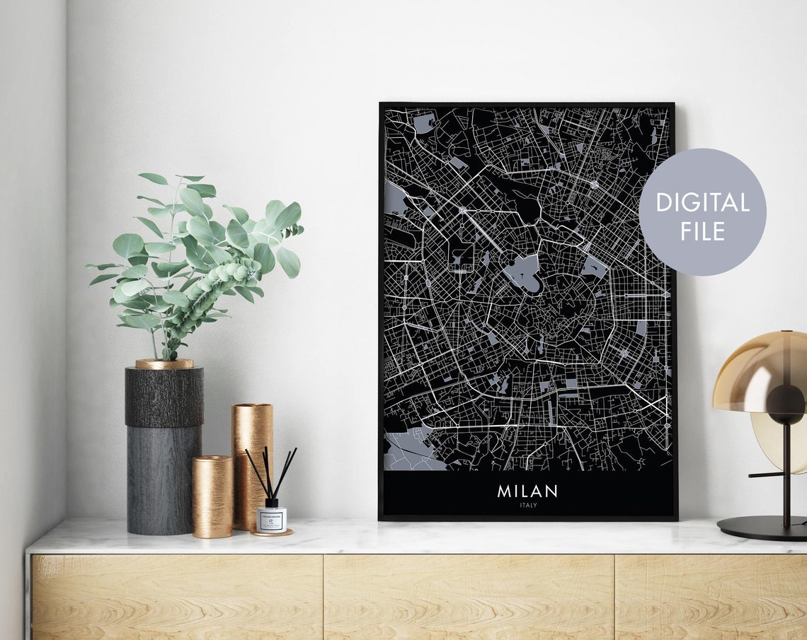 Milan Italy Black Modern City Street Map Graphic Style Poster