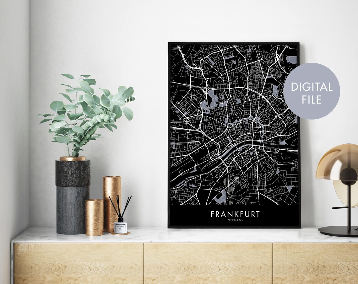 Frankfurt Germany Black Minimal Street Map Urban Decor Art Poster