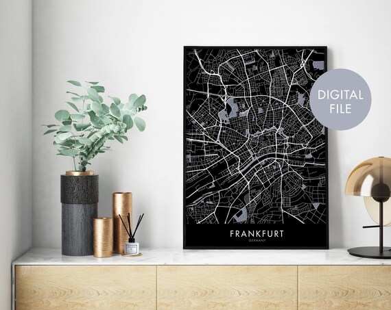 Frankfurt Germany Black Minimal Street Map Urban Decor Art Poster