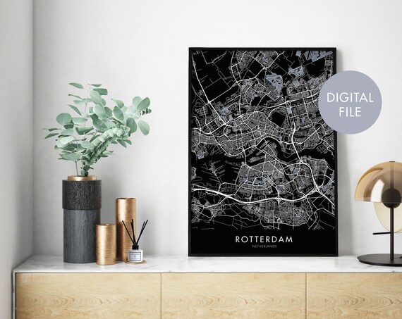Rotterdam Netherlands Dramatic White on Black City Map Art Poster