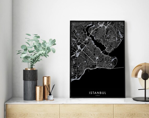 Istanbul Turkey Dramatic Black Night City Map Poster With White Streets