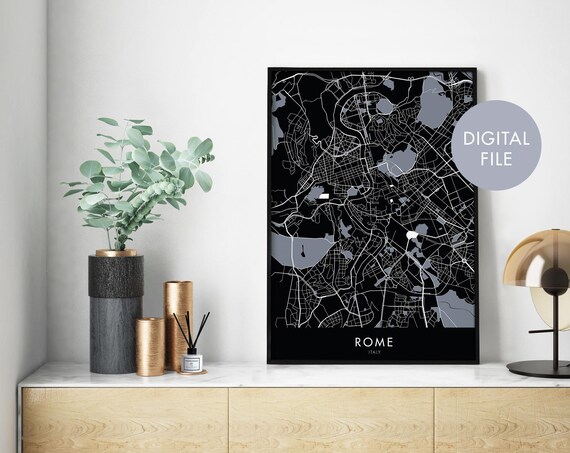 Rome Italy City Street Map Black Minimalist Travel Gift Poster
