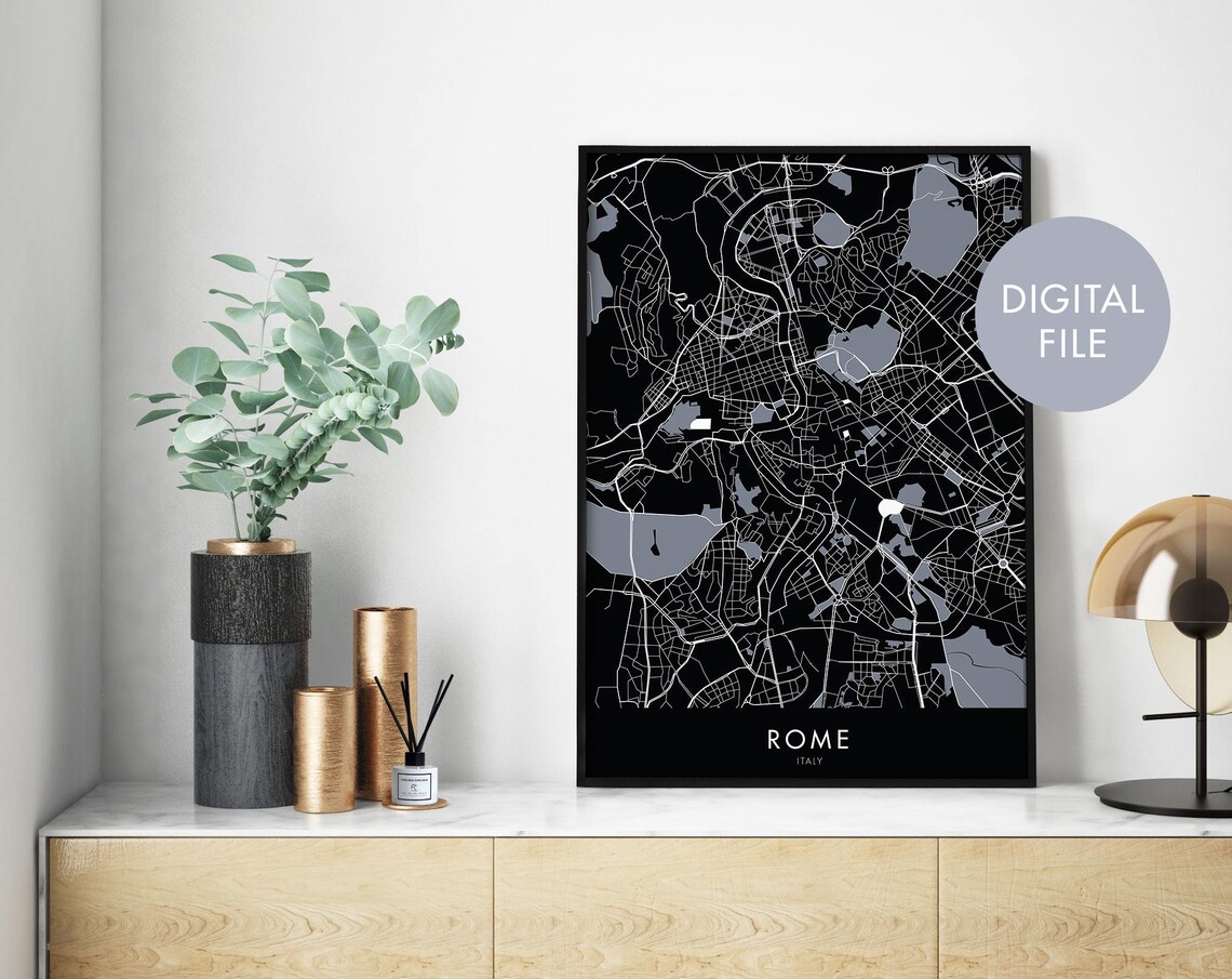 Rome Italy City Street Map Black Minimalist Travel Gift Poster