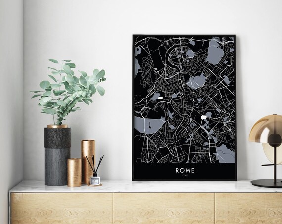 Rome Italy Dramatic Black Night City Map Poster With White Linework