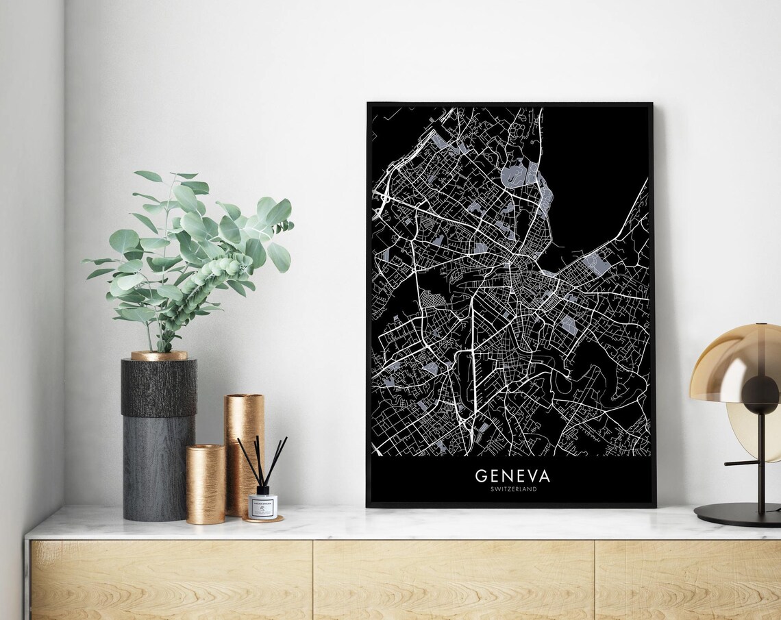 Geneva Switzerland Black City Map Minimalist Street Decor Poster