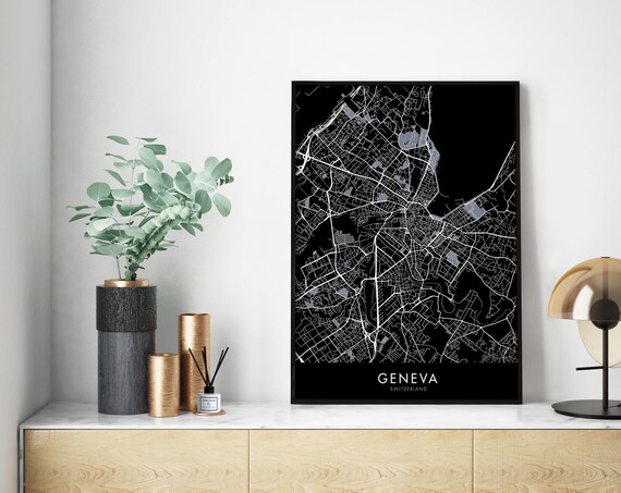 Geneva Switzerland Black City Map Minimalist Street Decor Poster