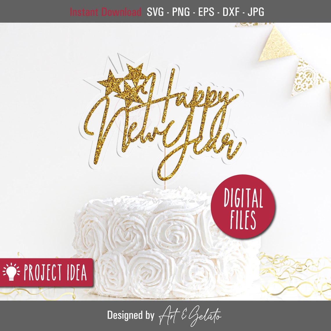 Happy New Year Glitter Script Cake Topper Cut File Digital Poster - Image 2