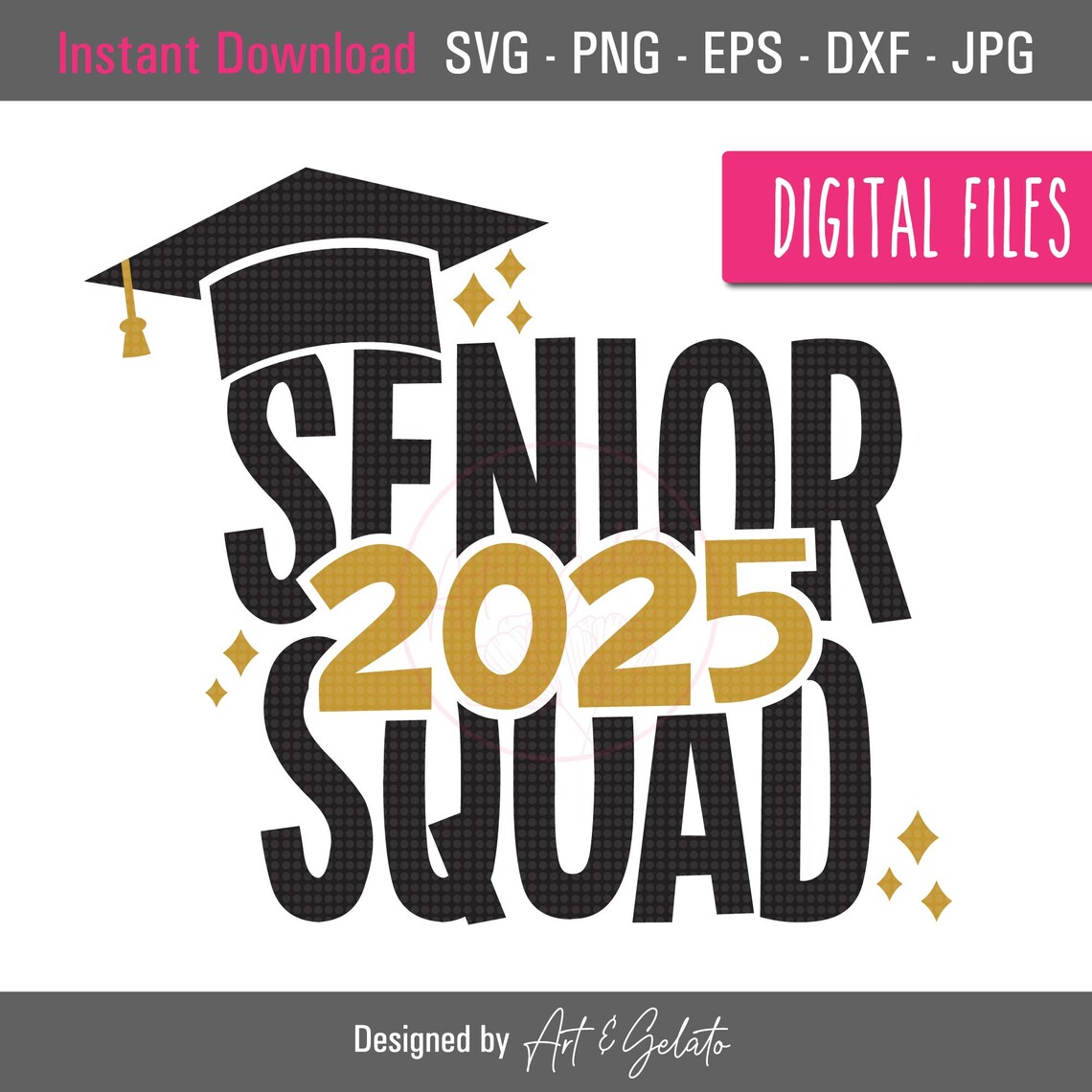 Senior 2025 Squad Black Gold Graduation Cap Party Decor Poster