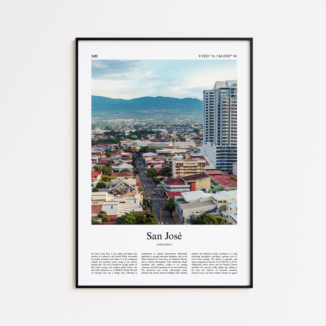 San José Costa Rica City View Color Photo Travel Poster Coordinates