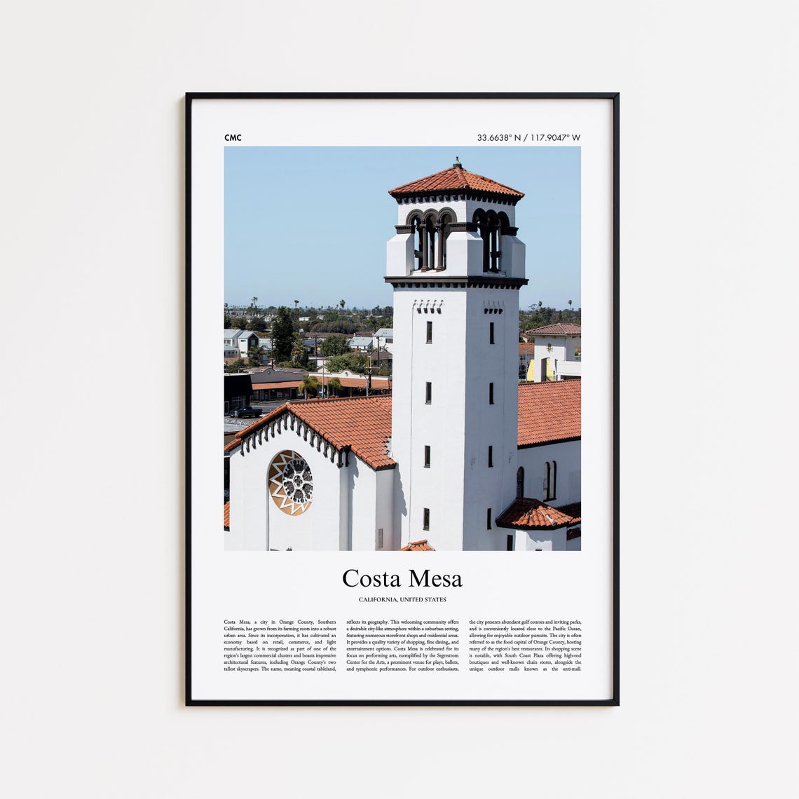 Costa Mesa California Color Photo Mission Tower Travel Poster